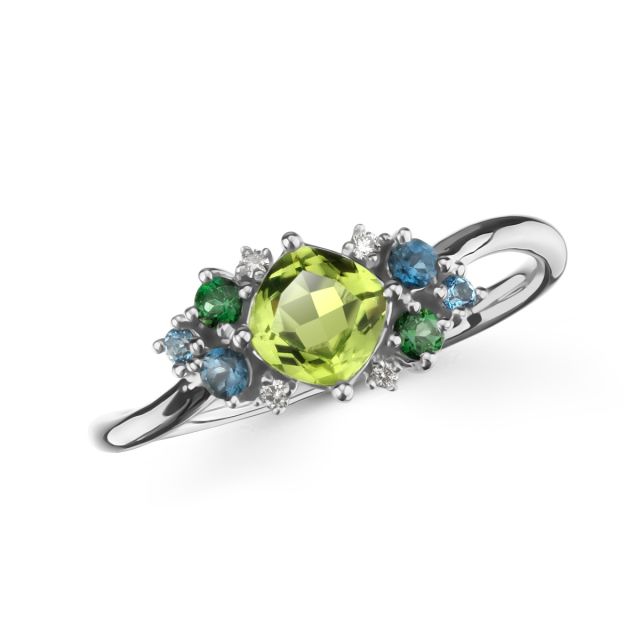 Inel din aur alb de 18K cu ametist verde cu tăietură cushion și topaze albastre și verzi și diamante rotunde