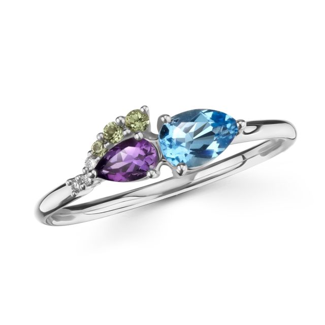 Inel din aur alb de 18K cu topaz și ametist lacrimă și peridote și diamante rotunde