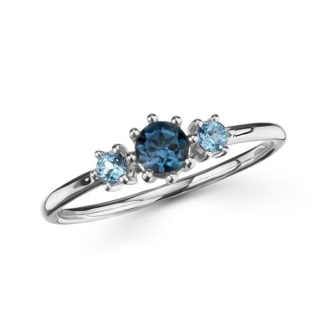 Inel din aur alb de 18K cu topaze albastru London și albastru deschis