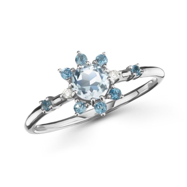 Inel floral din aur alb de 18K cu topaze albastru deschis și diamante rotunde