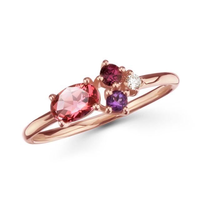 Inel din aur roz de 18K cu topaz roz oval și ametist, granat și diamant rotunde
