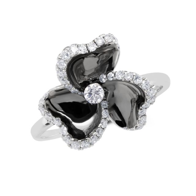 Inel cu floare din aur alb de 18K cu diamante și email negru (0,29 ct)