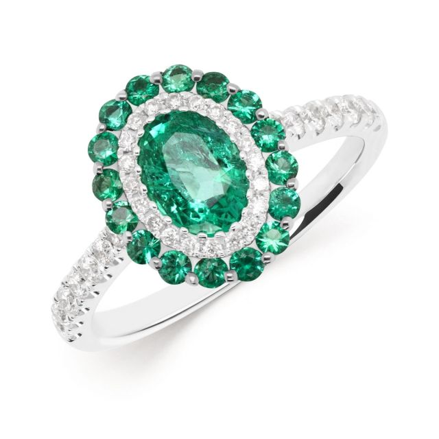 Inel din aur alb de 18K cu smaralde ovale și rotunde și diamante