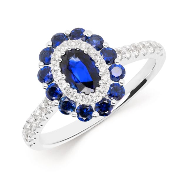 Inel din aur alb de 18K cu safire ovale și rotunde și diamante