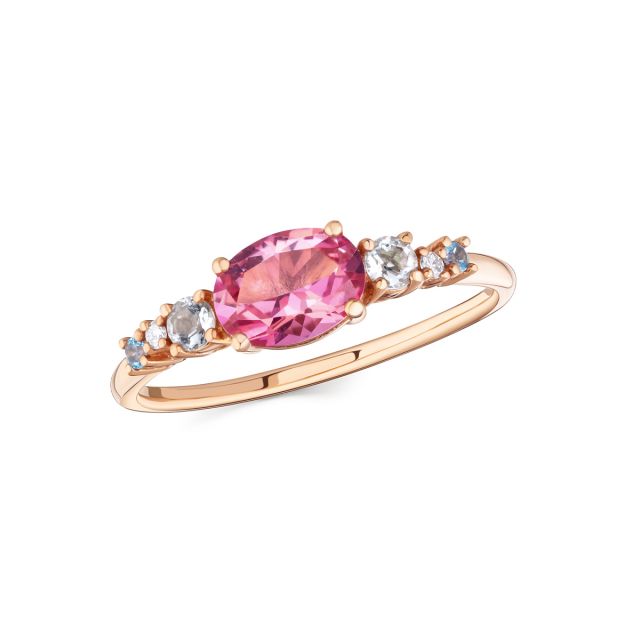 Inel din aur roz de 18K cu topaz roz oval și ametiste verzi, topaze albastre și diamante rotunde