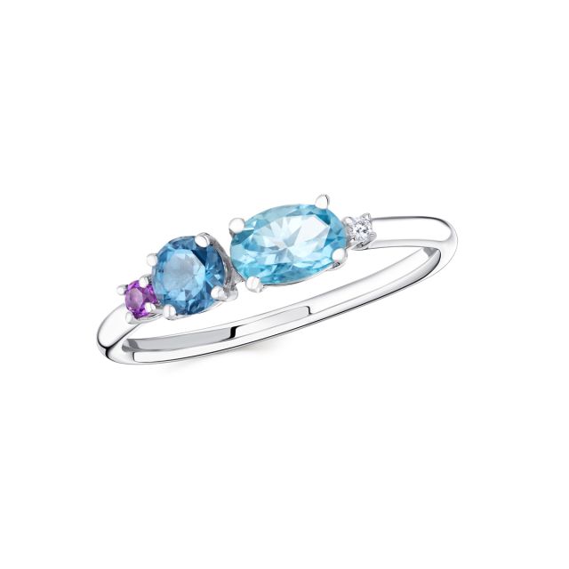 Inel din aur alb de 18K cu topaz albastru deschis oval și topaze albastru London, ametiste și diamante rotunde