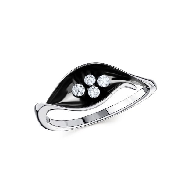 Inel în formă de frunză din aur alb de 18K cu diamante și email negru (0,12 ct)