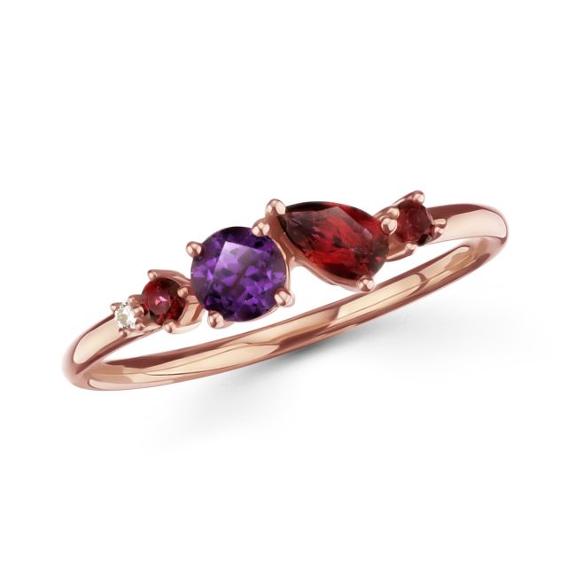 Inel din aur roz de 18K cu topaz roșu lacrimă și ametist și diamant rotund