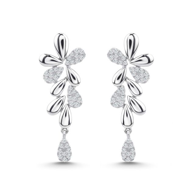 Cercei lungi cu frunze din aur alb de 18K cu diamante (0,300 ct)