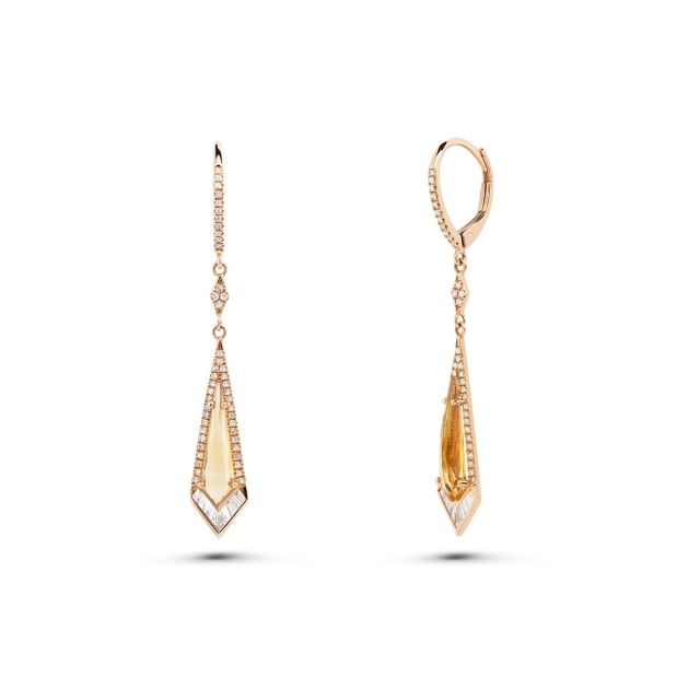 Cercei lungi din aur roz de 18K cu citrin și diamante baghetă și rotunde 