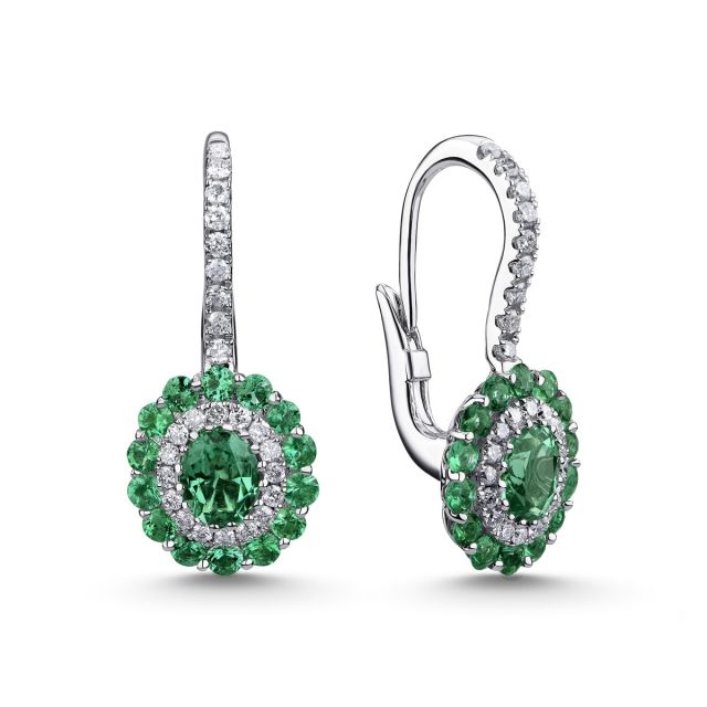Cercei din aur alb de 18K cu smaralde ovale și rotunde și diamante