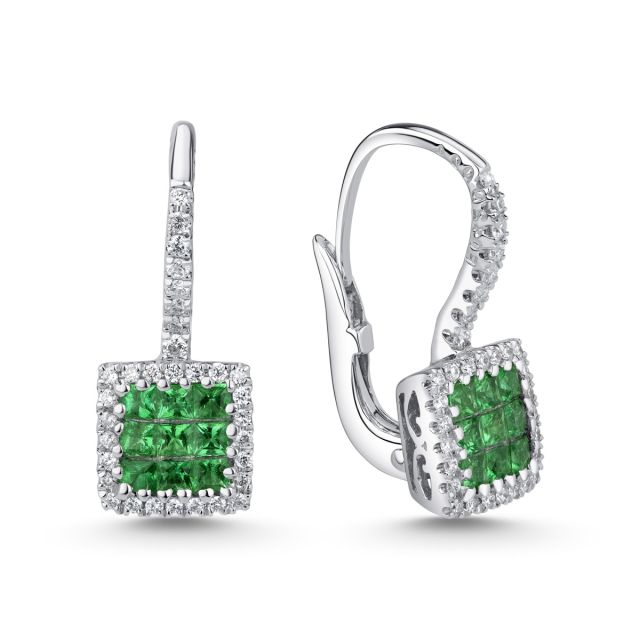 Cercei Theodora din aur alb de 18K cu smaralde cu tăietură princess și diamante
