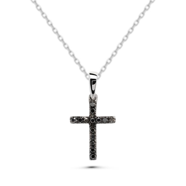 Pandantiv cruce din aur alb de 18K cu diamante negre (0,07 ct)