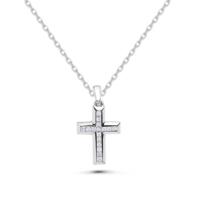 Pandantiv cruce din aur alb de 18K cu diamante (0,06 ct)