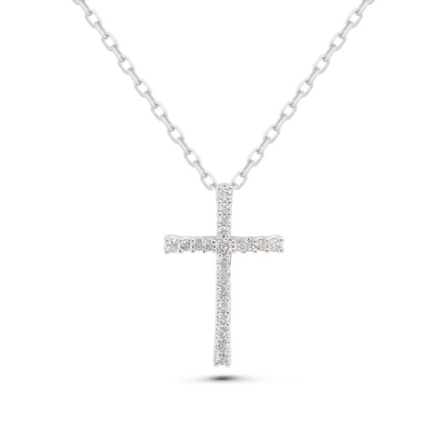 Pandantiv cruce din aur alb de 18K cu diamante (0,20 ct)