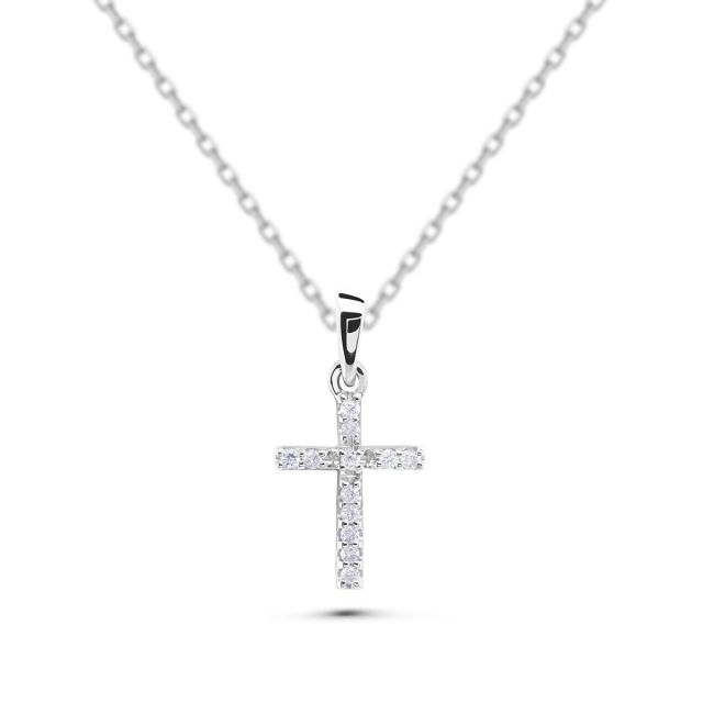 Pandantiv cruce din aur alb de 18K cu diamante (0,08 ct)