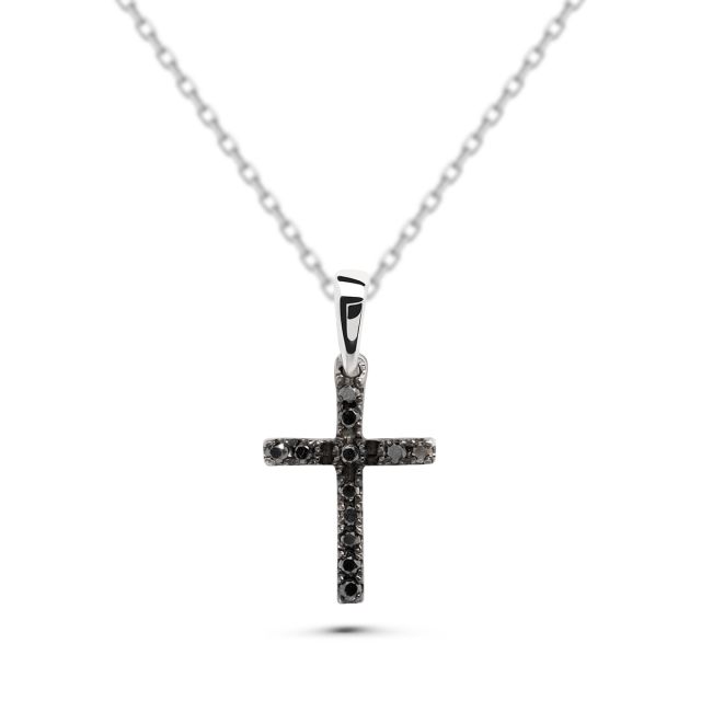 Pandantiv cruce din aur alb de 18K cu diamante negre (0,07 ct)