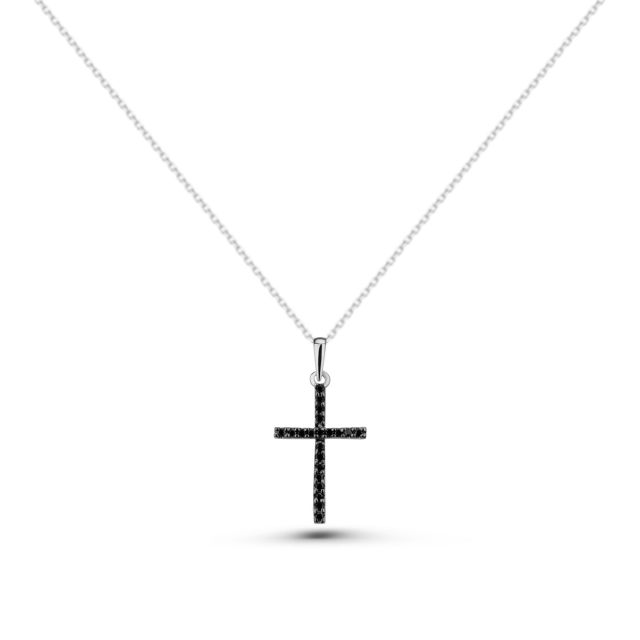 Pandantiv cruce din aur alb de 18K cu diamante negre (0,10 ct)