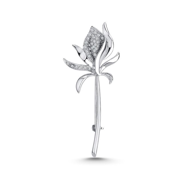 Broșă floare Calla din aur alb de 14K cu diamante (0,178 ct)