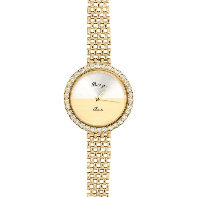 Ceas din aur galben de 14K cu cadran rotund cu pietre cubic zirconia