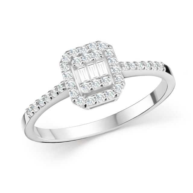 Inel din aur alb de 14K cu diamante baghetă și rotunde (0,25 ct)