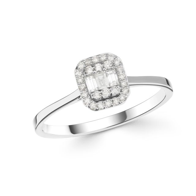 Inel din aur alb de 14K cu diamante baghetă și rotunde (0,19 ct)