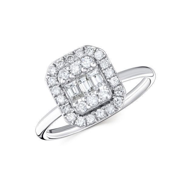 Inel din aur alb de 14K cu diamante baghetă și rotunde (0,600 ct)