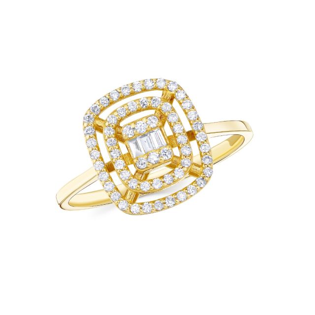 Inel din aur galben de 14K cu diamante baghetă și rotunde (0,270 ct)