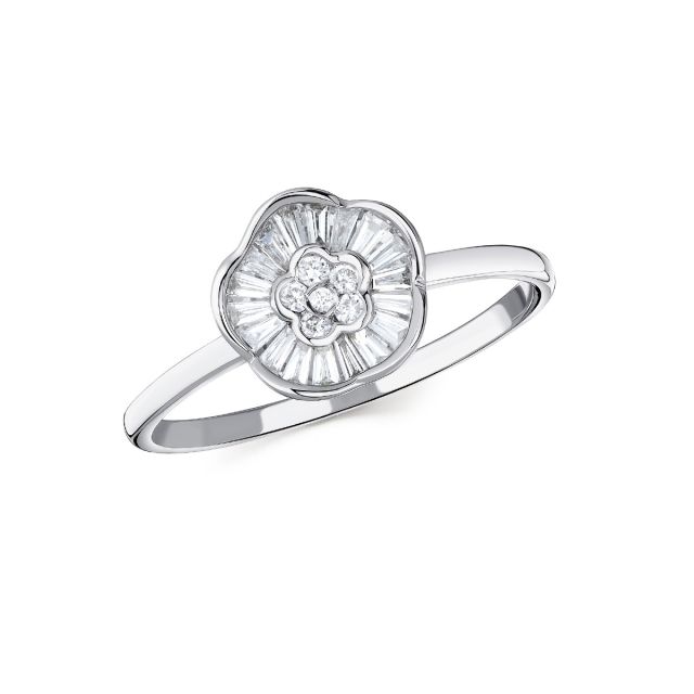 Inel floral din aur alb de 18K cu diamante baghetă și rotunde (0,260 ct)