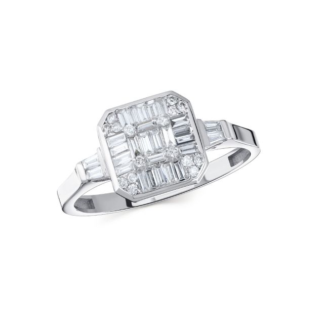 Inel din aur alb de 14K cu diamante baghetă și rotunde cu montură de tip iluzie (0,400 ct)