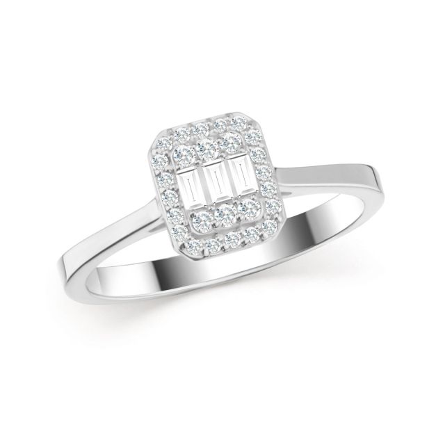 Inel din aur alb de 14K cu diamante baghetă și rotunde (0,17 ct)