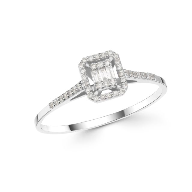 Inel din aur alb de 14K cu diamante baghetă și rotunde (0,17 ct)