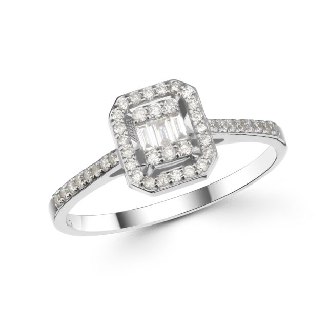 Inel din aur alb de 14K cu diamante baghetă și rotunde (0,27 ct)