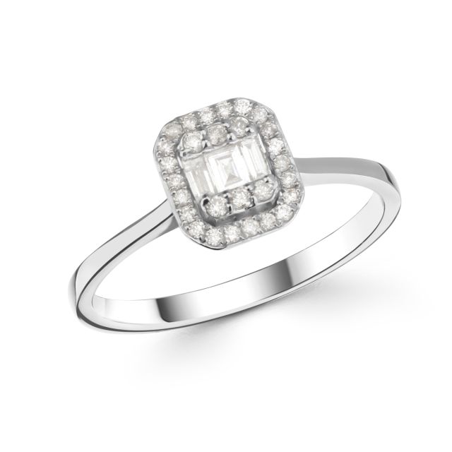 Inel din aur alb de 14K cu diamante baghetă și rotunde (0,23 ct)