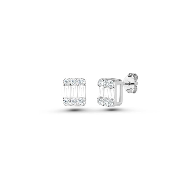 Cercei din aur alb de 14K cu diamante baghetă și rotunde (0,22 ct)