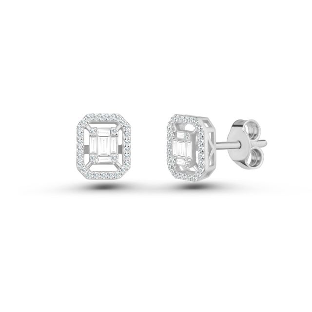 Cercei din aur alb de 14K cu diamante baghetă și rotunde (0,43 ct)