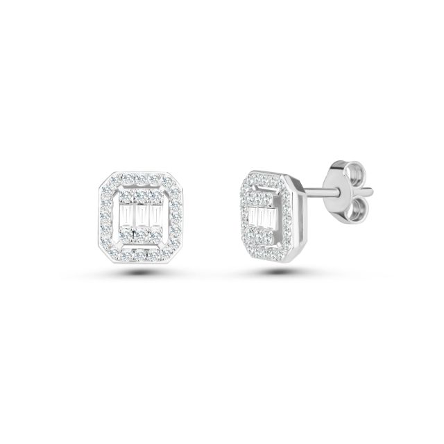 Cercei din aur alb de 14K cu diamante baghetă și rotunde (0,43 ct)