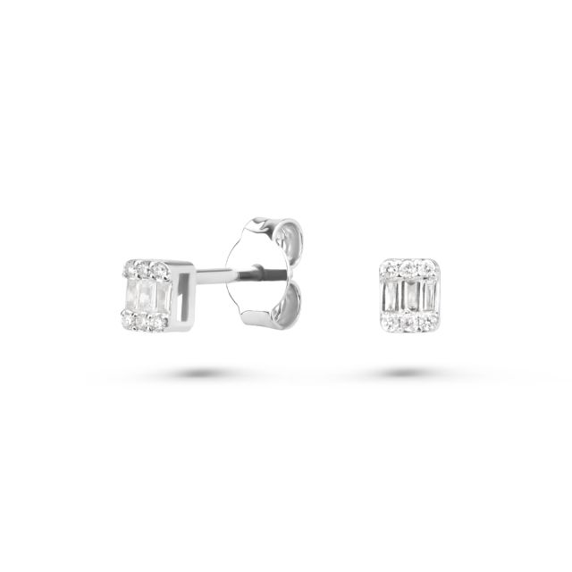 Cercei din aur alb de 14K cu diamante baghetă și rotunde (0,09 ct)