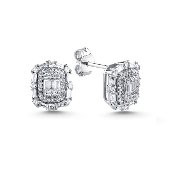 Cercei din aur alb de 14K cu diamante baghetă și rotunde (0,780 ct)