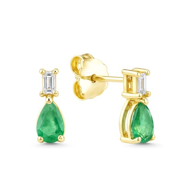 Cercei din aur galben de 14K cu smaralde lacrimă și diamante baghetă