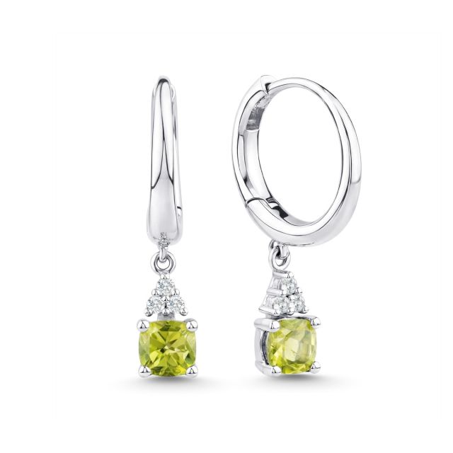 Cercei din aur alb de 14K cu peridote cu tăietură cushion și  diamante rotunde