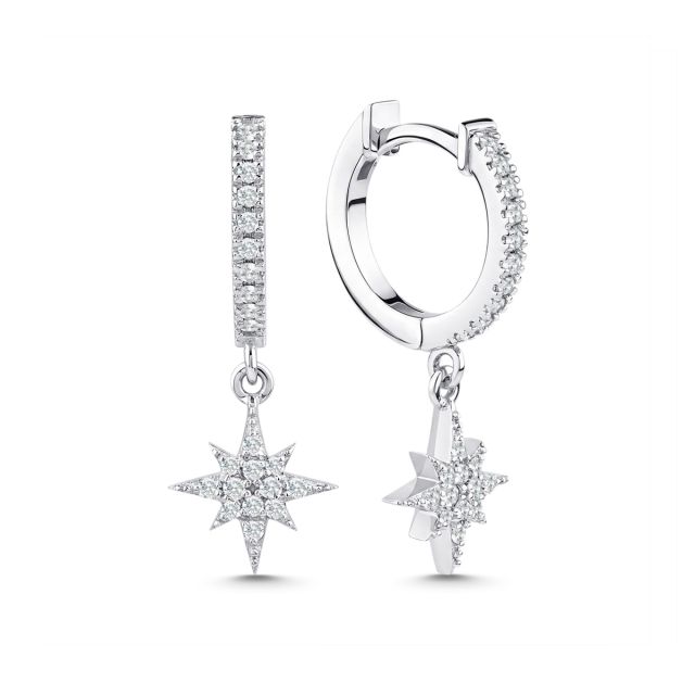 Cercei lungi cu stea din aur alb de 14K cu diamante (0,250 ct)