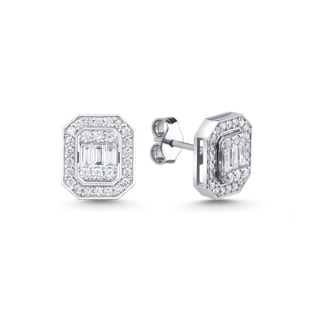 Cercei din aur alb de 14K cu diamante baghetă și rotunde (0,340 ct)