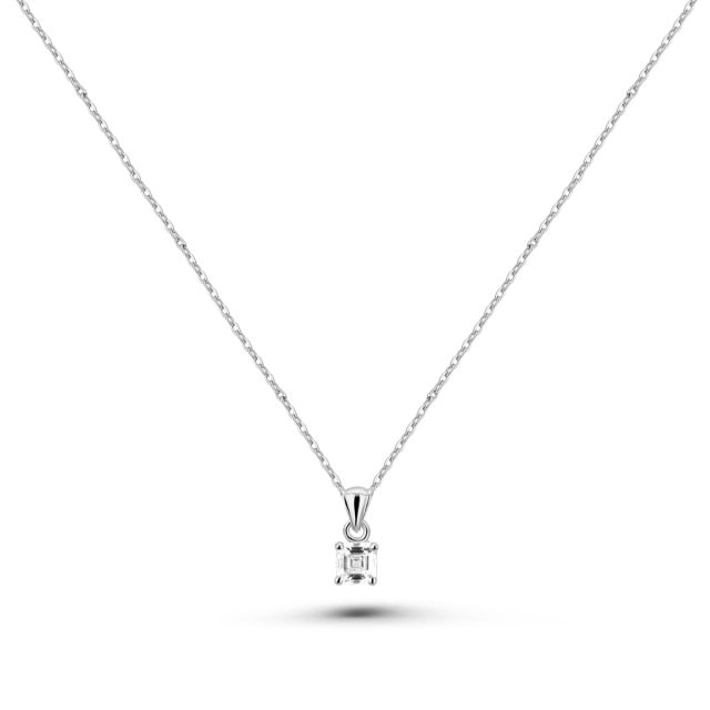 Lanț cu pandantiv din aur alb de 14K cu diamant cu tăietură Asscher (0,24 ct)