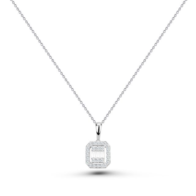 Lanț cu pandantiv din aur alb de 14K cu diamante baghetă și rotunde (0,29 ct)