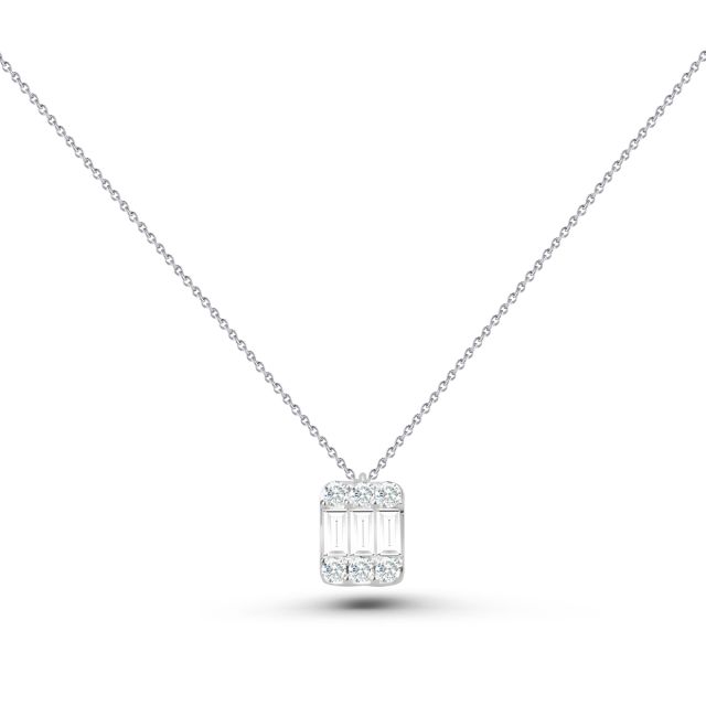 Lanț cu pandantiv din aur alb de 14K cu diamante baghetă și rotunde (0,19 ct)