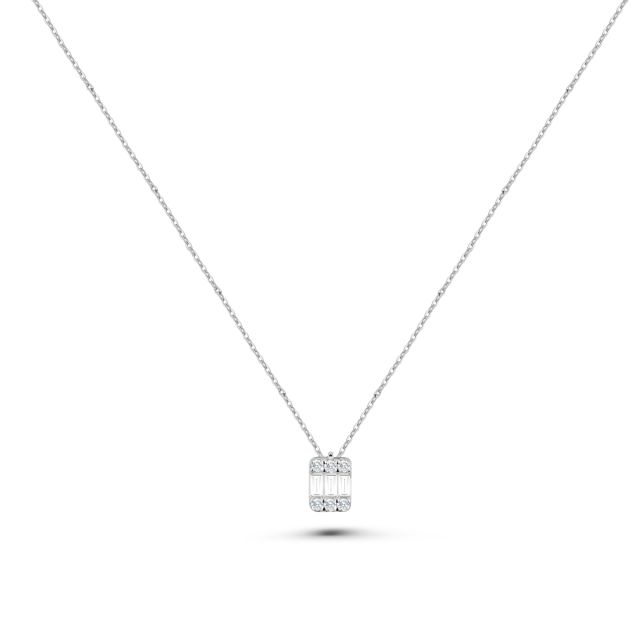 Lanț cu pandantiv din aur alb de 14K cu diamante baghetă și rotunde (0,07 ct)