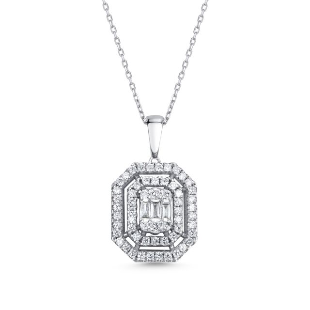 Lanț cu pandantiv din aur alb de 14K cu diamante baghetă și rotunde (0,400 ct)