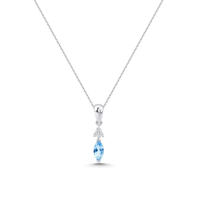 Lanț cu pandantiv din aur alb de 14K cu topaz marchiză albastru deschis și diamante