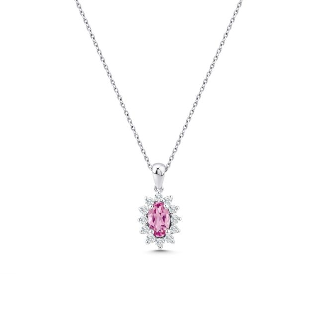 Lanț cu pandantiv din aur alb de 14K cu turmalină roz ovală și diamante